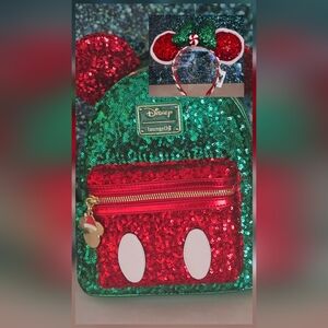 Loungefly Disney Minnie Mouse Holiday Sequin Mini Backpack + Matching Ears NWT